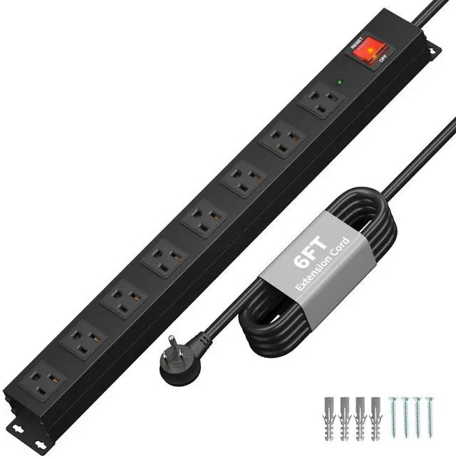 Main image of 8 Outlet Heavy Duty Power Strip Surge Protector, 2100J Surge Protection Metal Power Strip, 15A/1875W Mountable Power Strips with Upgraded Switch, 14AWG 6FT Extension Cord, Black