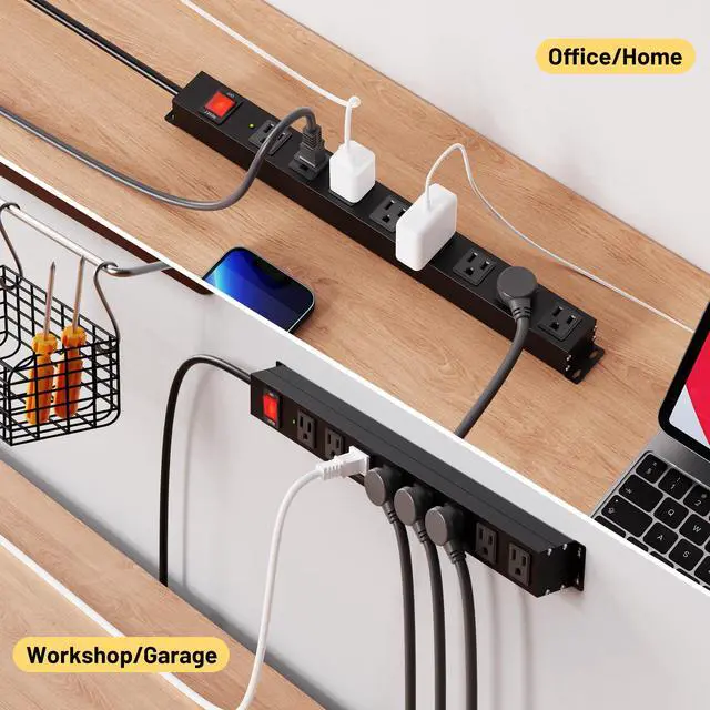 Alt view image 7 of 7 - 8 Outlet Heavy Duty Power Strip Surge Protector, 2100J Surge Protection Metal Power Strip, 15A/1875W Mountable Power Strips with Upgraded Switch, 14AWG 6FT Extension Cord, Black