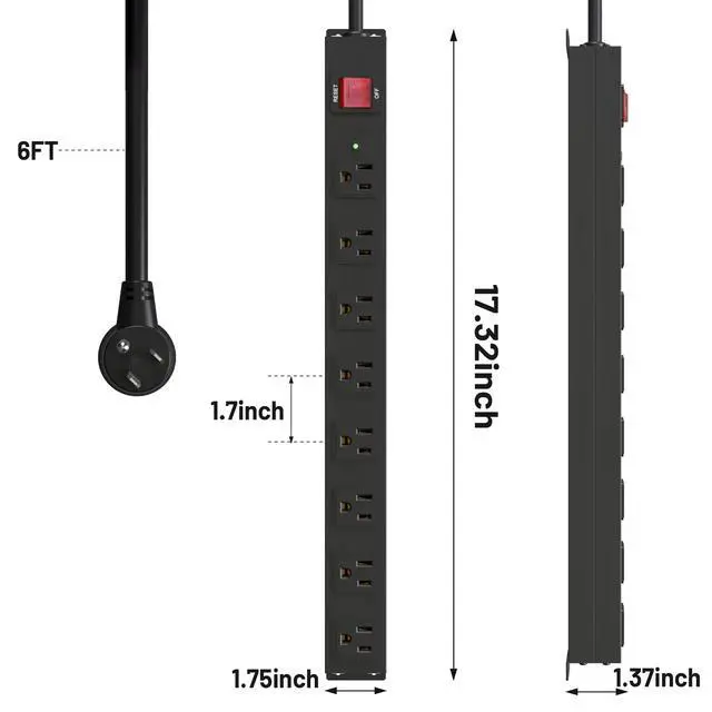 Alt view image 6 of 7 - 8 Outlet Heavy Duty Power Strip Surge Protector, 2100J Surge Protection Metal Power Strip, 15A/1875W Mountable Power Strips with Upgraded Switch, 14AWG 6FT Extension Cord, Black