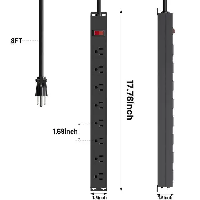 Alt view image 7 of 7 - 8 Outlets Heavy Duty Power Strip with 8 Ft 14AWG Power Cord Straight Plug and Switch,Wide Spaced Shop Power Strip Metal for Commercial,Industrial,School and Home,15A 125V 1875W,Black(8FT)