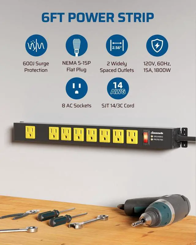 Alt view image 2 of 7 - Industrial Power Strip 8 Wide-Spaced Outlet, Metal Workshop Power Strip, Surge Protector, Heavy Duty Extension Cord, SJTW 14/3C, 1875W, 15A Circuit Breaker for Garage