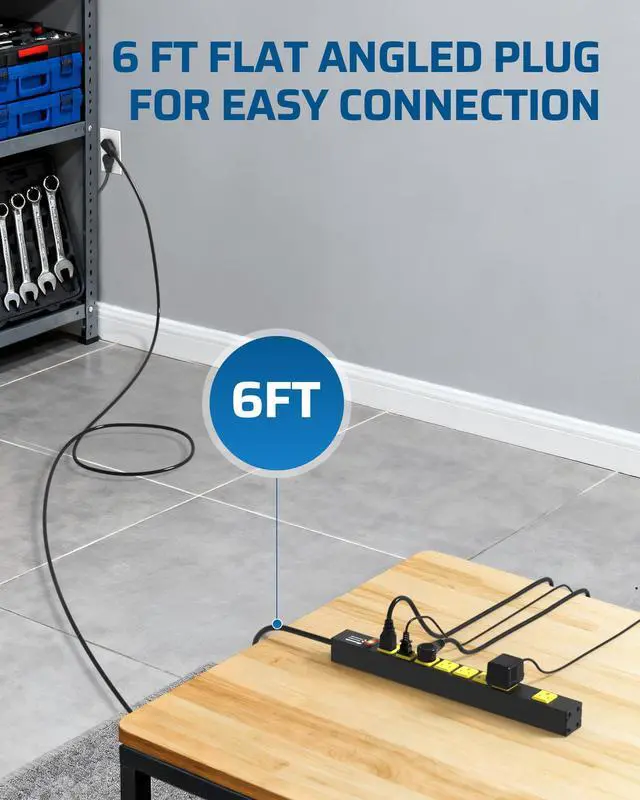 Alt view image 6 of 7 - Industrial Power Strip 8 Wide-Spaced Outlet, Metal Workshop Power Strip, Surge Protector, Heavy Duty Extension Cord, SJTW 14/3C, 1875W, 15A Circuit Breaker for Garage