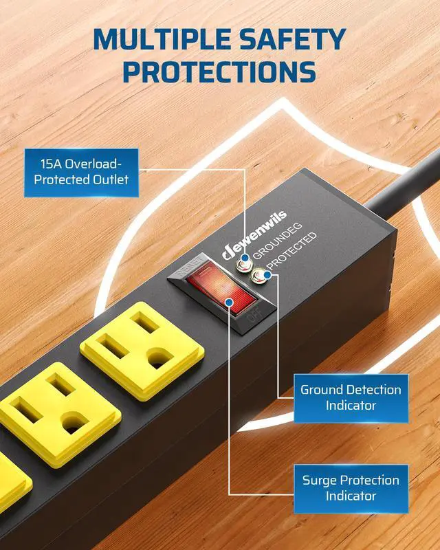 Alt view image 3 of 7 - Industrial Power Strip 8 Wide-Spaced Outlet, Metal Workshop Power Strip, Surge Protector, Heavy Duty Extension Cord, SJTW 14/3C, 1875W, 15A Circuit Breaker for Garage