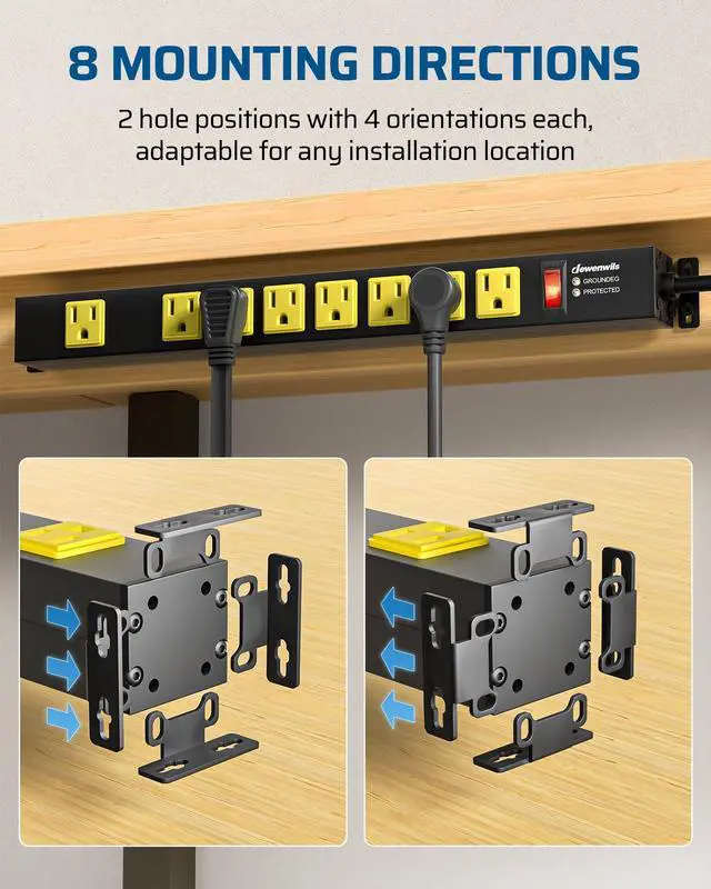 Alt view image 4 of 7 - Industrial Power Strip 8 Wide-Spaced Outlet, Metal Workshop Power Strip, Surge Protector, Heavy Duty Extension Cord, SJTW 14/3C, 1875W, 15A Circuit Breaker for Garage