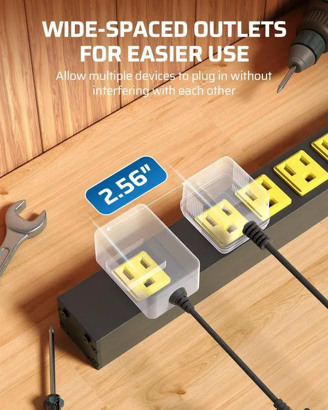 Alt view image 5 of 7 - Industrial Power Strip 8 Wide-Spaced Outlet, Metal Workshop Power Strip, Surge Protector, Heavy Duty Extension Cord, SJTW 14/3C, 1875W, 15A Circuit Breaker for Garage