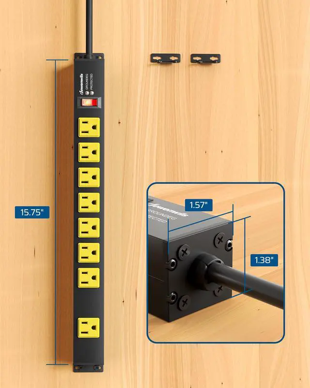 Alt view image 7 of 7 - Industrial Power Strip 8 Wide-Spaced Outlet, Metal Workshop Power Strip, Surge Protector, Heavy Duty Extension Cord, SJTW 14/3C, 1875W, 15A Circuit Breaker for Garage