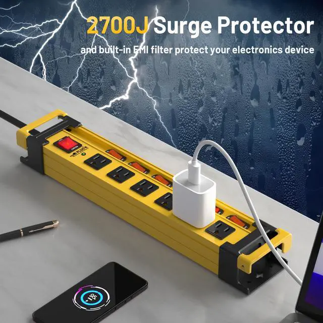 Alt view image 4 of 7 - Power Strip Surge Protector 2700J with Individual Switches and Flat Plug, 3FT Heavy Duty Cord 6 Wide Spaced Outlet Mountable Metal Power Strips with Cord Manager and Hanger