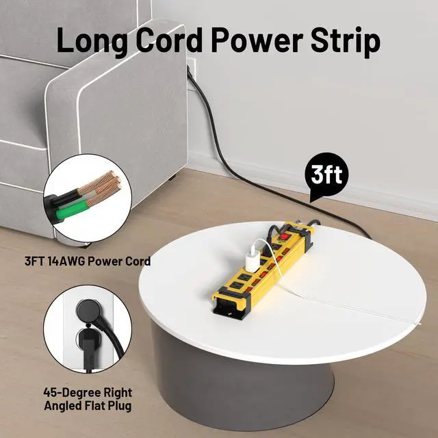 Alt view image 5 of 7 - Power Strip Surge Protector 2700J with Individual Switches and Flat Plug, 3FT Heavy Duty Cord 6 Wide Spaced Outlet Mountable Metal Power Strips with Cord Manager and Hanger