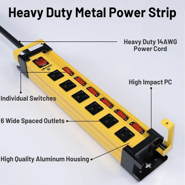 Alt view image 6 of 7 - Power Strip Surge Protector 2700J with Individual Switches and Flat Plug, 3FT Heavy Duty Cord 6 Wide Spaced Outlet Mountable Metal Power Strips with Cord Manager and Hanger