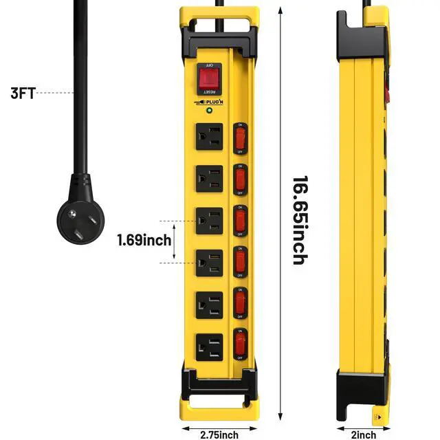 Alt view image 7 of 7 - Power Strip Surge Protector 2700J with Individual Switches and Flat Plug, 3FT Heavy Duty Cord 6 Wide Spaced Outlet Mountable Metal Power Strips with Cord Manager and Hanger