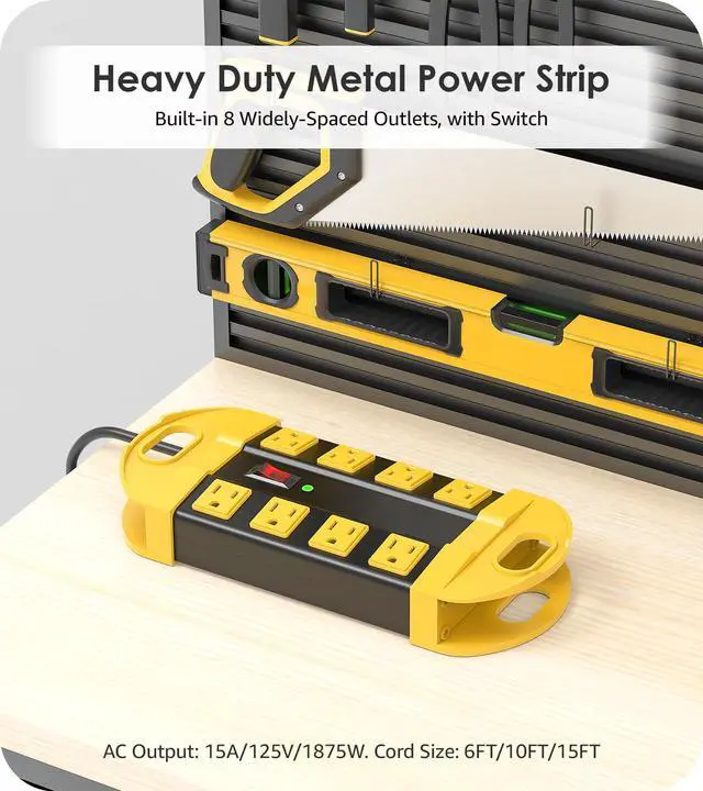 Alt view image 2 of 7 - Heavy Duty Power Strip Surge Protector, Metal 8 Outlets Power Strip for Appliance. Garage Shop Industrial Workbench 15 AMP Outlets Strip. 6FT Extension Cord, Yellow
