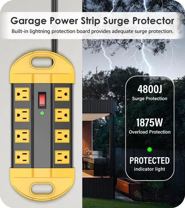 Alt view image 3 of 7 - Heavy Duty Power Strip Surge Protector, Metal 8 Outlets Power Strip for Appliance. Garage Shop Industrial Workbench 15 AMP Outlets Strip. 6FT Extension Cord, Yellow