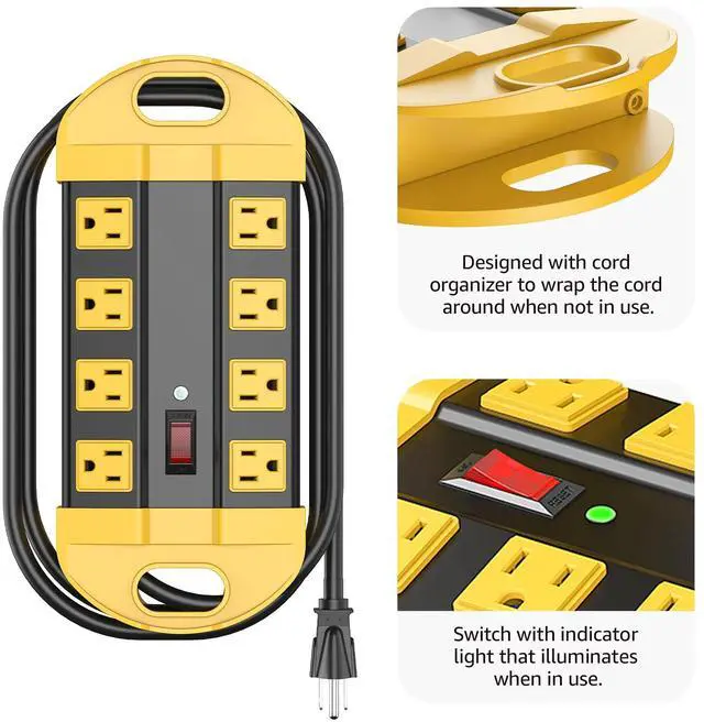 Alt view image 4 of 7 - Heavy Duty Power Strip Surge Protector, Metal 8 Outlets Power Strip for Appliance. Garage Shop Industrial Workbench 15 AMP Outlets Strip. 6FT Extension Cord, Yellow