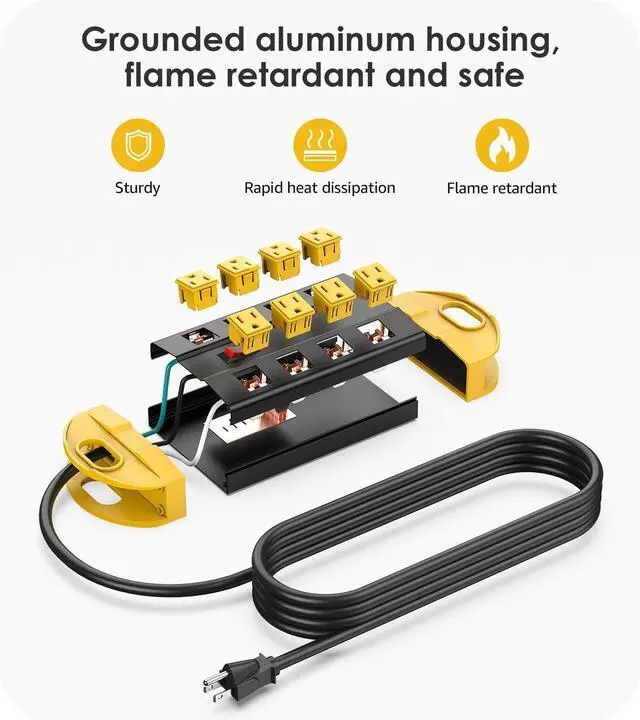 Alt view image 6 of 7 - Heavy Duty Power Strip Surge Protector, Metal 8 Outlets Power Strip for Appliance. Garage Shop Industrial Workbench 15 AMP Outlets Strip. 6FT Extension Cord, Yellow