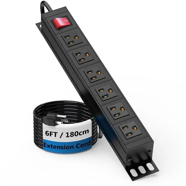 Main image of 6 Outlet Power Strip, Metal Mountable Power Strip Surge Protector, Heavy Duty Wall Mount Power Outlet for Commercial, Industrial, Workshop, 6FT Power Cord, 15A/125V 1875W (Black 6FT)