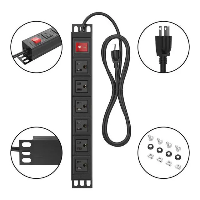 Alt view image 3 of 7 - 6 Outlet Power Strip, Metal Mountable Power Strip Surge Protector, Heavy Duty Wall Mount Power Outlet for Commercial, Industrial, Workshop, 6FT Power Cord, 15A/125V 1875W (Black 6FT)