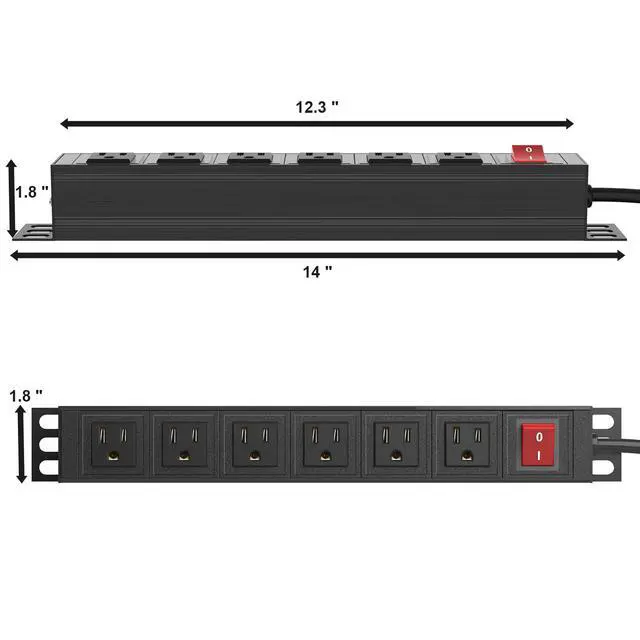 Alt view image 4 of 7 - 6 Outlet Power Strip, Metal Mountable Power Strip Surge Protector, Heavy Duty Wall Mount Power Outlet for Commercial, Industrial, Workshop, 6FT Power Cord, 15A/125V 1875W (Black 6FT)