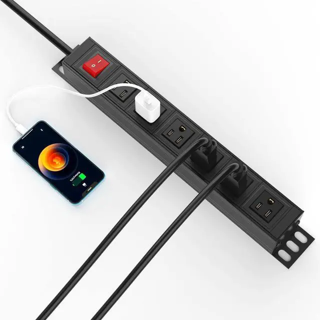Alt view image 7 of 7 - 6 Outlet Power Strip, Metal Mountable Power Strip Surge Protector, Heavy Duty Wall Mount Power Outlet for Commercial, Industrial, Workshop, 6FT Power Cord, 15A/125V 1875W (Black 6FT)