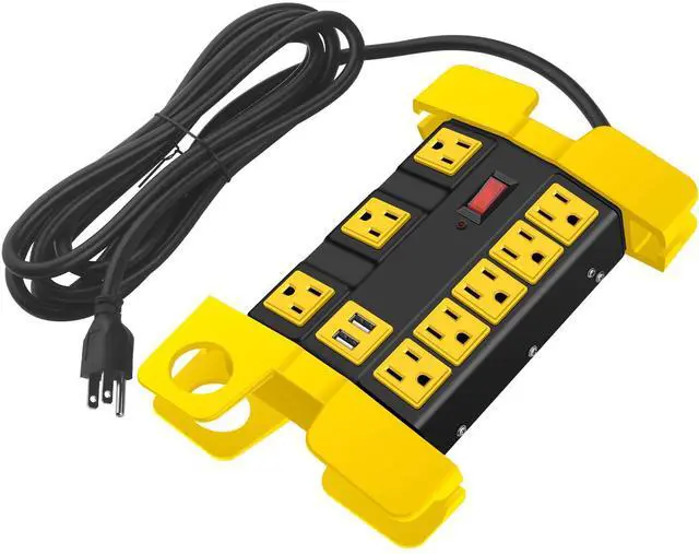 Main image of Heavy Duty Power Strip with USB, Workshop 8 Outlet Surge Protector 2700 Joules, Industrial Metal 15Amp Power Strip, 6 FT Extension Cord and Wide Spaced Black.