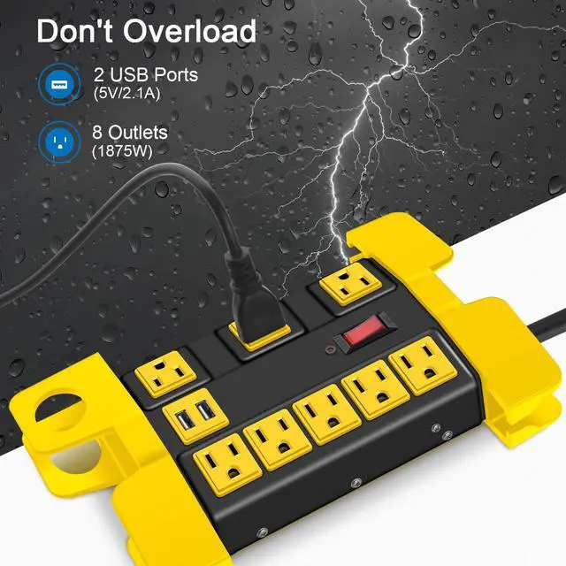 Alt view image 2 of 7 - Heavy Duty Power Strip with USB, Workshop 8 Outlet Surge Protector 2700 Joules, Industrial Metal 15Amp Power Strip, 6 FT Extension Cord and Wide Spaced Black.