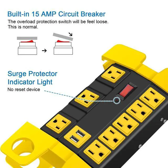 Alt view image 3 of 7 - Heavy Duty Power Strip with USB, Workshop 8 Outlet Surge Protector 2700 Joules, Industrial Metal 15Amp Power Strip, 6 FT Extension Cord and Wide Spaced Black.