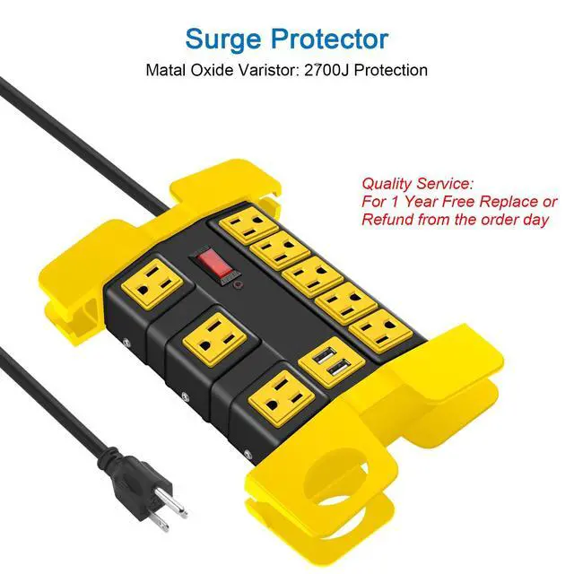 Alt view image 4 of 7 - Heavy Duty Power Strip with USB, Workshop 8 Outlet Surge Protector 2700 Joules, Industrial Metal 15Amp Power Strip, 6 FT Extension Cord and Wide Spaced Black.