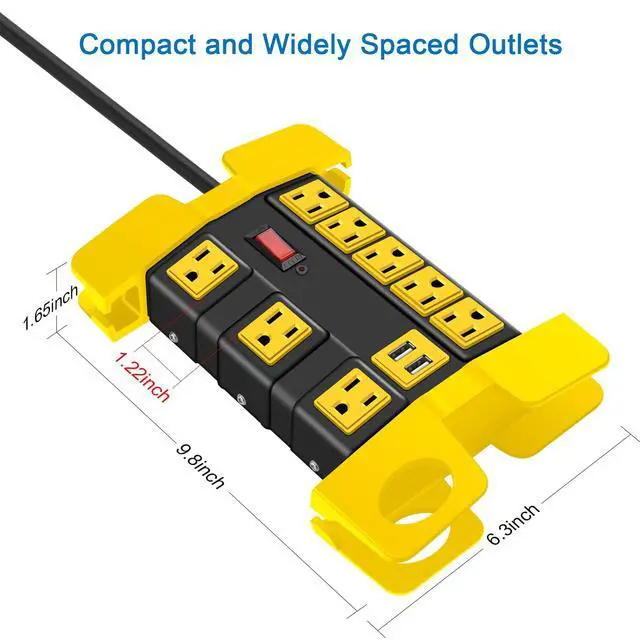Alt view image 5 of 7 - Heavy Duty Power Strip with USB, Workshop 8 Outlet Surge Protector 2700 Joules, Industrial Metal 15Amp Power Strip, 6 FT Extension Cord and Wide Spaced Black.