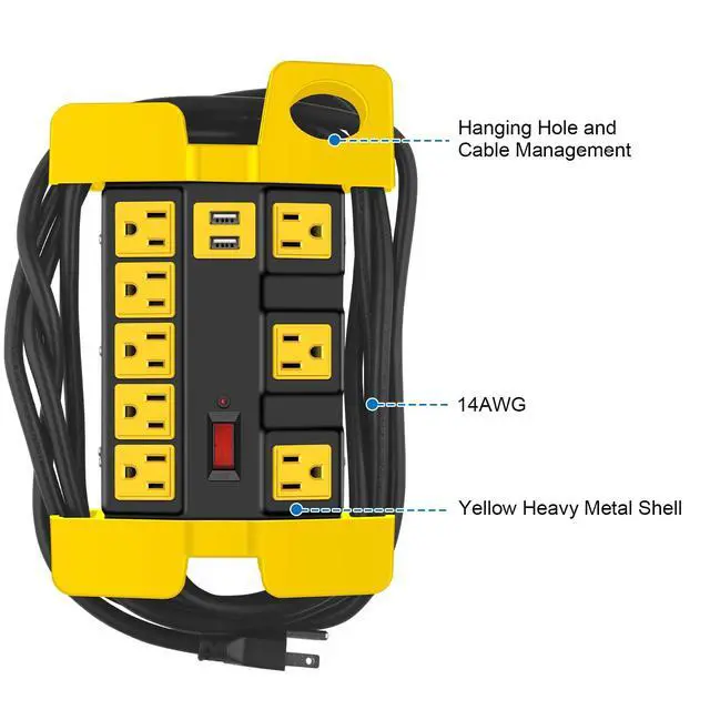 Alt view image 6 of 7 - Heavy Duty Power Strip with USB, Workshop 8 Outlet Surge Protector 2700 Joules, Industrial Metal 15Amp Power Strip, 6 FT Extension Cord and Wide Spaced Black.