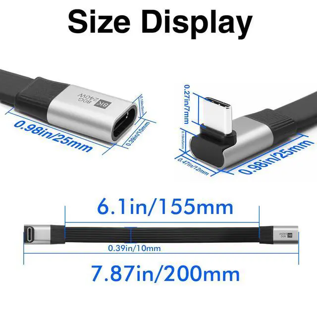 Alt view image 4 of 7 - Flat Short USB C Extension Cable 7.87inch, 240W Right Angle USB C Male to Female Cable, 80Gbps Up&Down Angle 90 Degree USB 4 Extender 8K Video for Thunderbolt 5/4, External SSD, Laptop