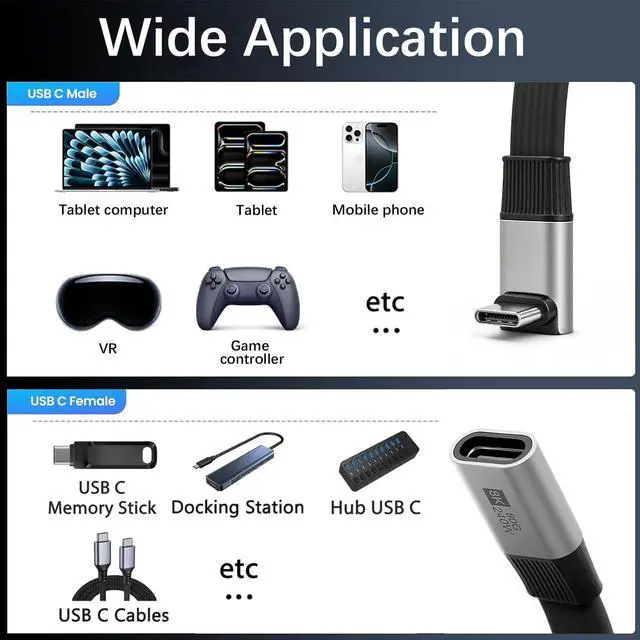 Alt view image 6 of 7 - Flat Short USB C Extension Cable 7.87inch, 240W Right Angle USB C Male to Female Cable, 80Gbps Up&Down Angle 90 Degree USB 4 Extender 8K Video for Thunderbolt 5/4, External SSD, Laptop