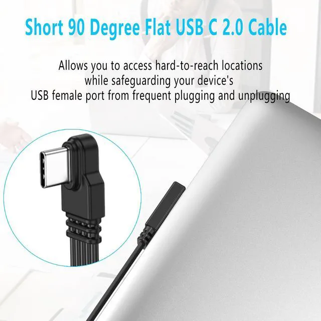 Alt view image 4 of 7 - Short 90 Degree USB Type C 2.0 Flat Cable,PD 65W USB C 2.0 Fast Charge Cable,Short USB Type C Flat Soft Data Cable,Data & Fast Charging Sync Cord (Side Male to Female)