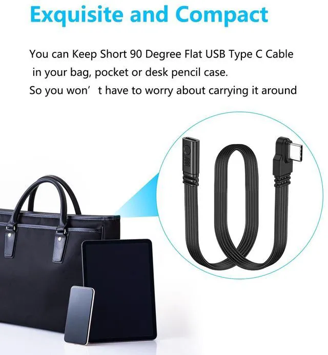 Alt view image 6 of 7 - Short 90 Degree USB Type C 2.0 Flat Cable,PD 65W USB C 2.0 Fast Charge Cable,Short USB Type C Flat Soft Data Cable,Data & Fast Charging Sync Cord (Side Male to Female)