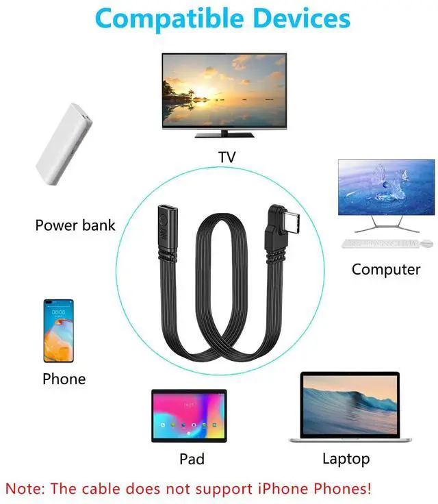 Alt view image 7 of 7 - Short 90 Degree USB Type C 2.0 Flat Cable,PD 65W USB C 2.0 Fast Charge Cable,Short USB Type C Flat Soft Data Cable,Data & Fast Charging Sync Cord (Side Male to Female)