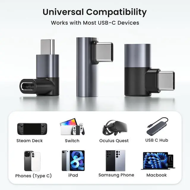 Alt view image 7 of 7 - USB C 90 Degree Adapter 3Pack,PD 100W 40Gbps Right Angle Extender,Type C Male to Female Connector,Thunderbolt 4 3 Extension Converter for iPhone 17e,MacBook Pro,Steam Deck,Switch,Laptop