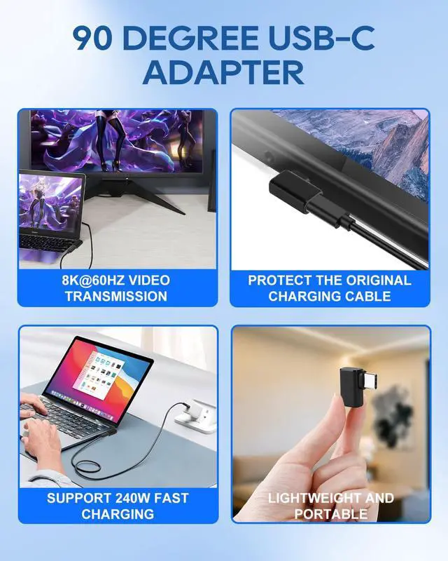Alt view image 3 of 7 - USB C Right Angle Adapter, 240W 40Gbps USBC 90 Degree Adapter Male to Female, 8K@60Hz Type C Extender Adapters for Laptop Tablet Cell Phone