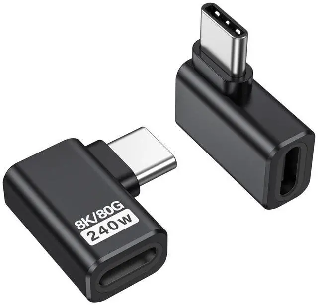 Main image of Right Angle USB C Adapter 2 Pack, USB C Male to Female 90 Degree Adapter 80Gbps 240W Compatible with Thunderbolt 4, USB 4, Notebook, PC, Tablet, Phone and More, Right Angle