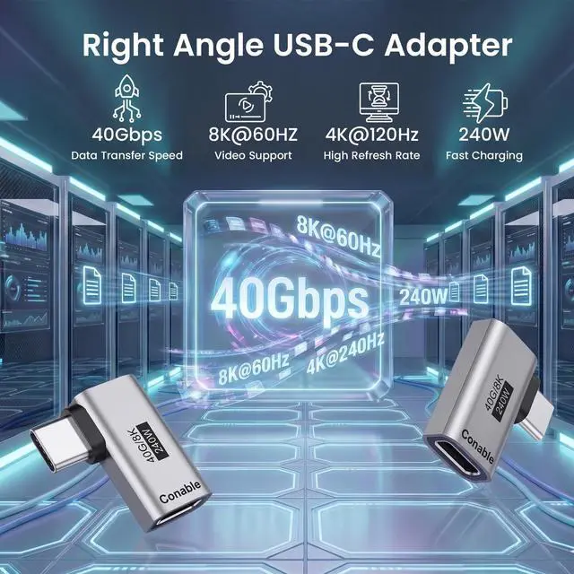 Alt view image 2 of 6 - Flat Right Angle USB C Adapter, Supports 8K@60Hz, 240W Fast Charging, 40Gbps Data Transfer, 90 Degree USB C Adapter, Compatible with Thunderbolt 4, iPhone 17, Steam Deck, ROG Ally, MacBook, Switch 2