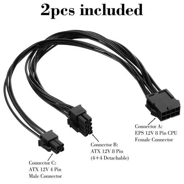 Alt view image 2 of 7 - EPS 12V 8 Pin Female to ATX 8 Pin and 4 Pins Male Power Extension, 11.8 Inch EPS 12V CPU Power Adapter Extension for Motherboard, Black