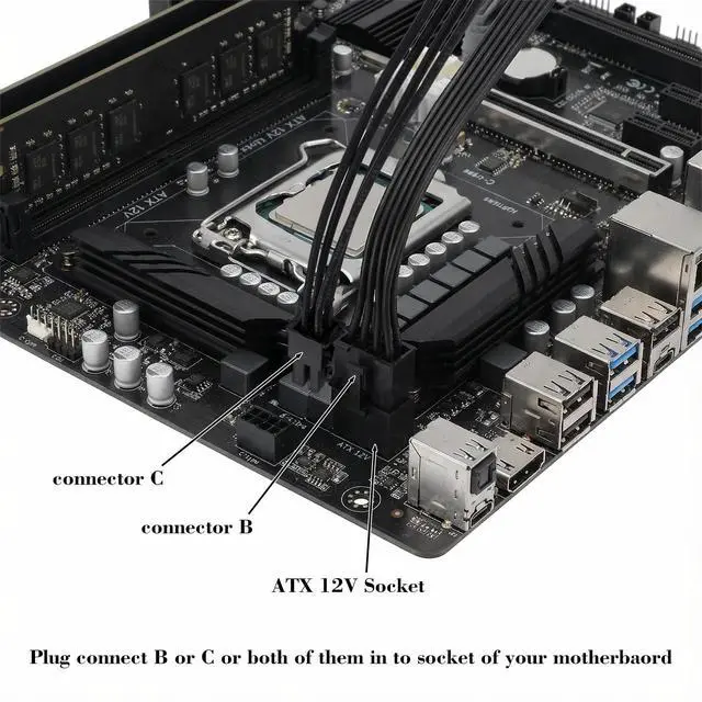 Alt view image 3 of 7 - EPS 12V 8 Pin Female to ATX 8 Pin and 4 Pins Male Power Extension, 11.8 Inch EPS 12V CPU Power Adapter Extension for Motherboard, Black