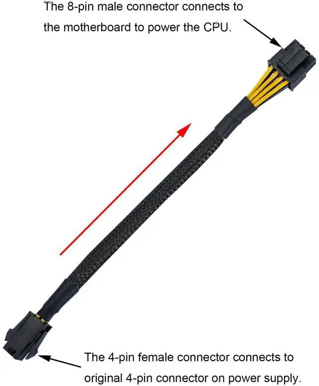 Alt view image 3 of 7 - 4 Pin to 8 Pin CPU Power Cable/Adapter (8 Inch, 18AWG), 4 Pin Female to 8 Pin (4+4) Male Connector, ATX 12V Internal Power Extension Cable