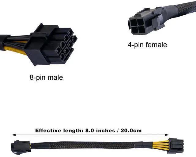 Alt view image 4 of 7 - 4 Pin to 8 Pin CPU Power Cable/Adapter (8 Inch, 18AWG), 4 Pin Female to 8 Pin (4+4) Male Connector, ATX 12V Internal Power Extension Cable