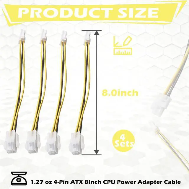 Alt view image 2 of 7 - (4 Pack) 8Inch 4-Pin ATX CPU Power Adapter Cable, 12V Motherboard Power Extension Cable, Male to Female Connector, Easy to Install