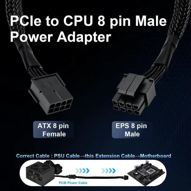 Alt view image 4 of 7 - 8 Pin CPU Power Adapter, PCIe 8 Pin Female to CPU 8 pin (4+4 Detachable) Male EPS-12V Adapter Converter Sleeved Cable 13.3-inch(34cm)
