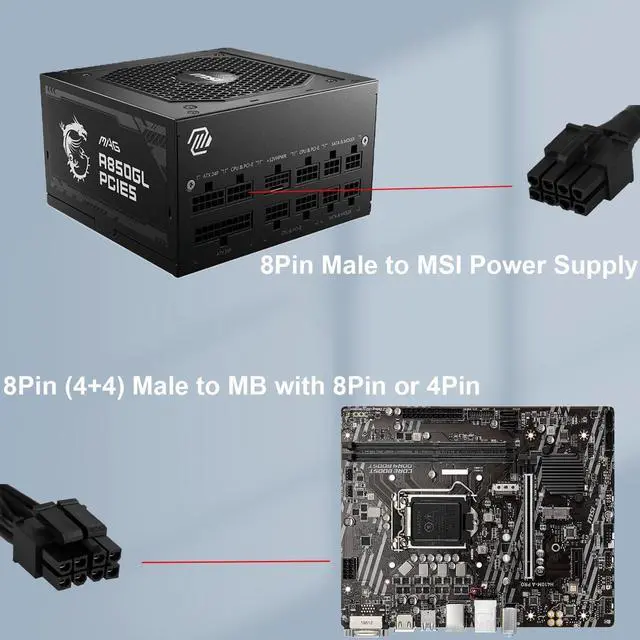 Alt view image 7 of 7 - PSU 8-Pin Male to CPU 8 Pin (4+4 Removable) Plug EPS-12V Motherboard Power Adapter Cable for MSI MAG A850GL A750GL & MPG A850G A1000G Modular Power Supplies, Sheathed Cable - 65 cm