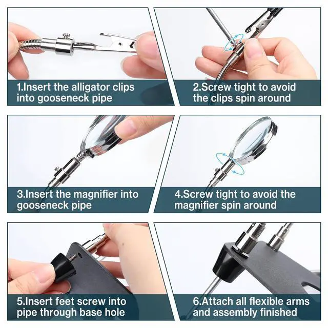 Alt view image 4 of 7 - Soldering Helping Hands Third Hand Tool with 3X Magnifier, 4 Flexible Alligator Clips PCB Holder for Electronics Repair, Circuit Board Soldering and Precision DIY Work