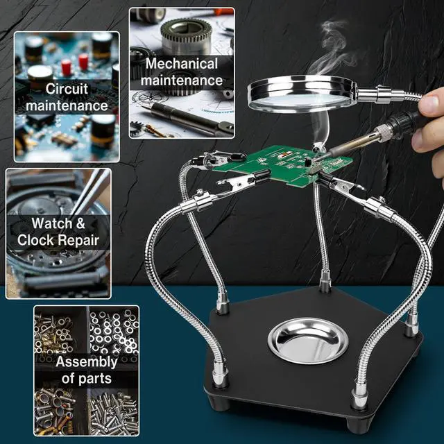 Alt view image 6 of 7 - Soldering Helping Hands Third Hand Tool with 3X Magnifier, 4 Flexible Alligator Clips PCB Holder for Electronics Repair, Circuit Board Soldering and Precision DIY Work
