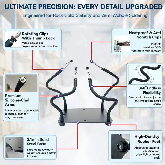 Alt view image 4 of 7 - Third Hand Soldering Tool, Adjustable Helping Hands for Soldering, Soldering Station with Heavy-Duty Steel Base, PCB Holder for Soldering, 3rd Hand Soldering Tool & Circuit Board Holder