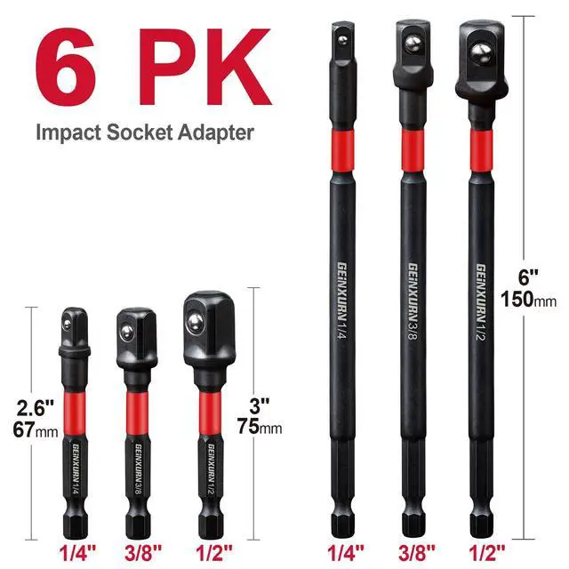 Alt view image 2 of 7 - 6Pcs Impact Socket Adapter Set,1/4" 3/8" and 1/2" Drive, (3" and 6") Extension Bit with Holder, Adapt Your Power Drill to High Torque Impact Wrench