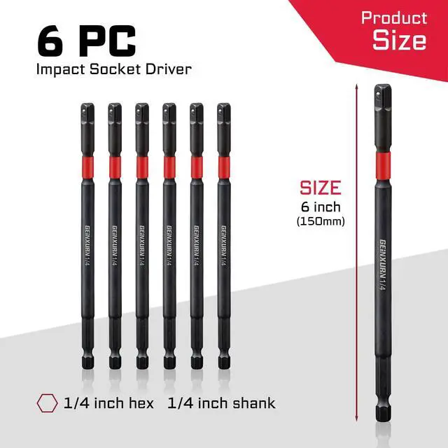 Alt view image 2 of 7 - 6Pcs Impact Socket Adapter Set,1/4" Drive Square, 6Inches Extension Bit Socket Driver Set, Adapt Your Power Drill to High Torque Impact Wrench