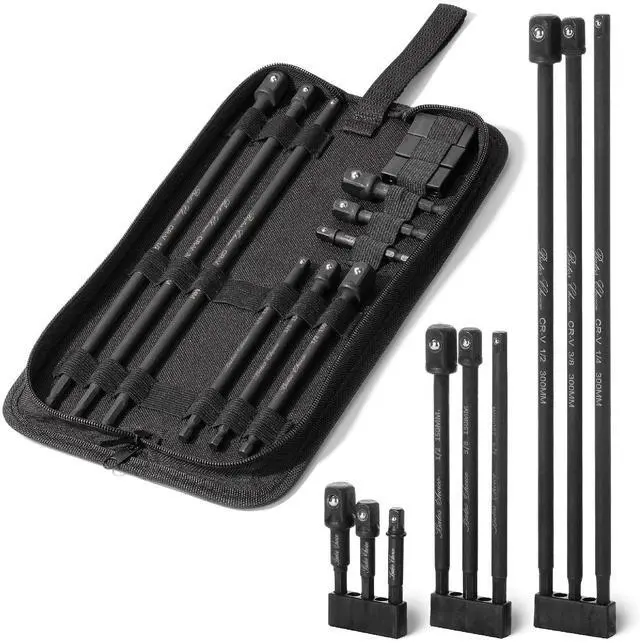 Main image of Impact Socket Adapter Set with Holder, 9 pcs, 40Cr Alloy Steel, 3", 6" & 12" Long, 1/4" Hex Shank, 1/4", 3/8" & 1/2" Drive, Black Oxford Bag, Drill Socket Adapter for Drill
